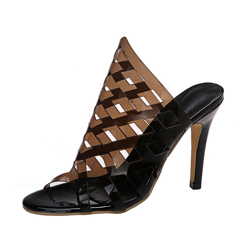 Women's Transparent PVC Crystal Sandals - Thick Heel Hollow Design Shoes