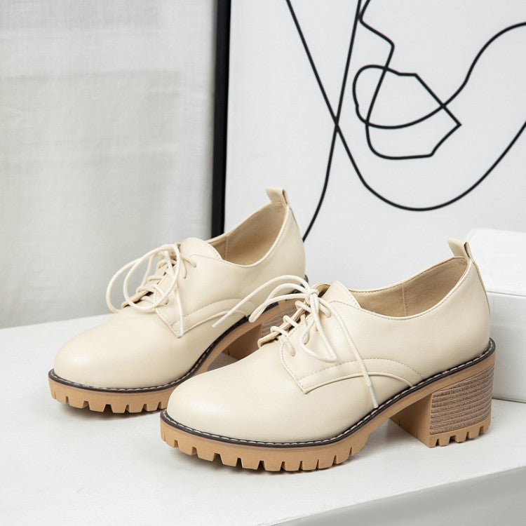 Women's Lace-Up Thick-Heel Leather Shoes - Student Single Shoes for Spring & Autumn