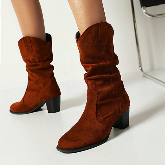 Women's Chunky Heel Mid-Calf Boots - Frosted High Heel Fashion Boots