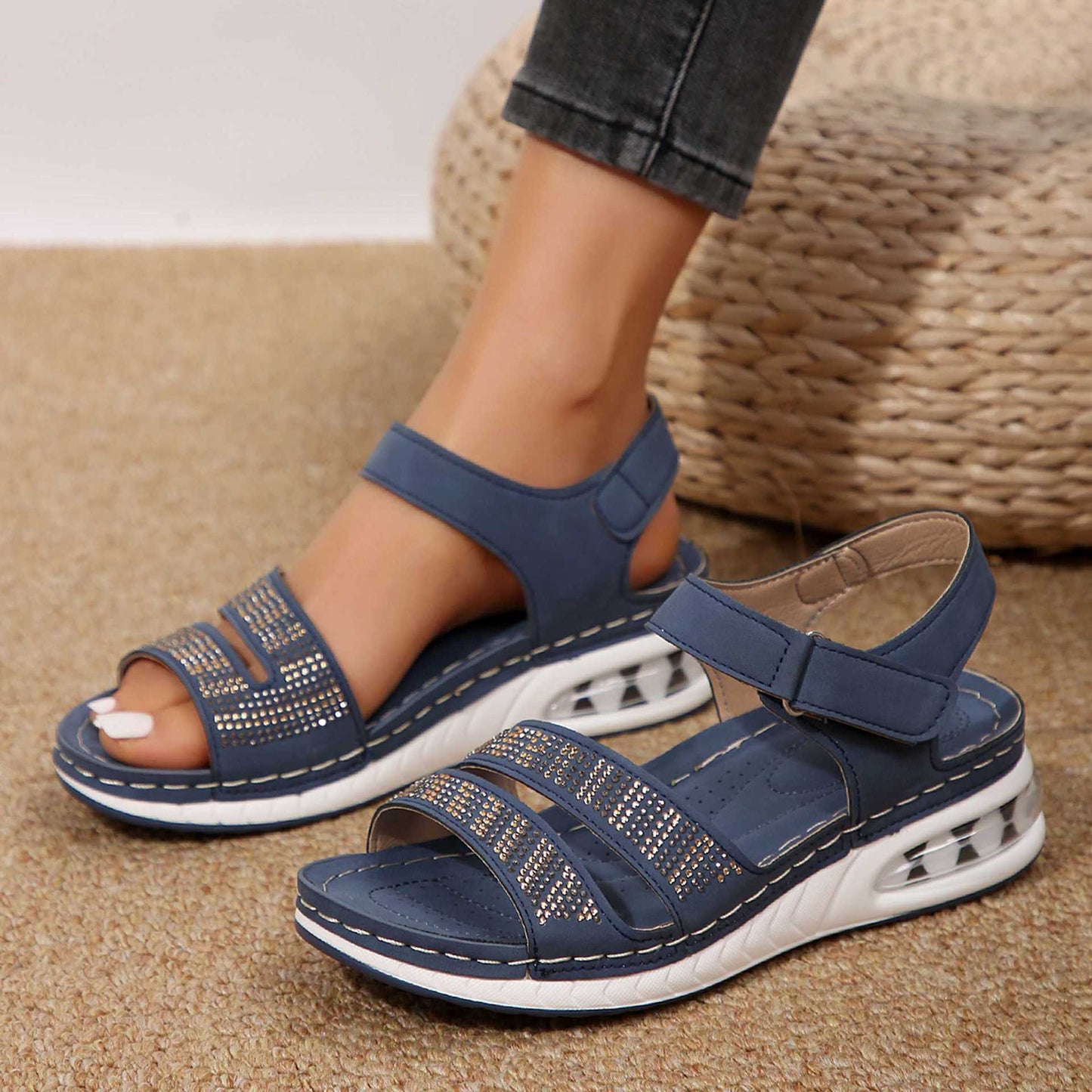 Women's Rhinestone Wedge Sandals - Air Cushion Roman Beach Shoes