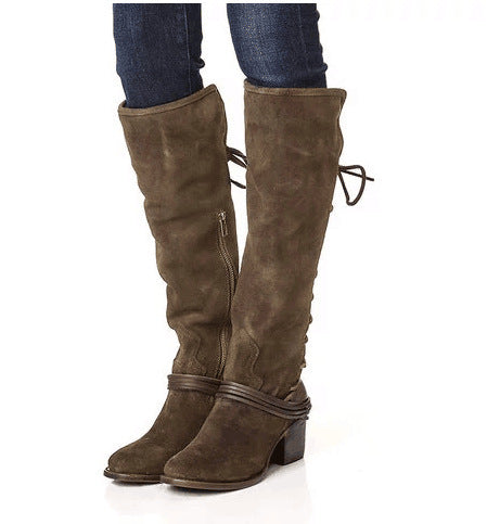 Women's Chunky Heel Knight Boots - Back Lace-Up Tall Fashion Boots
