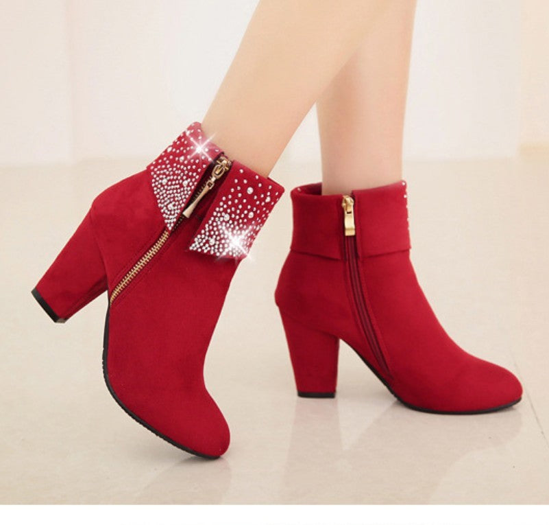 Women's Rhinestone Nubuck Short Heel Boots - Sparkly Ankle Fashion Boots