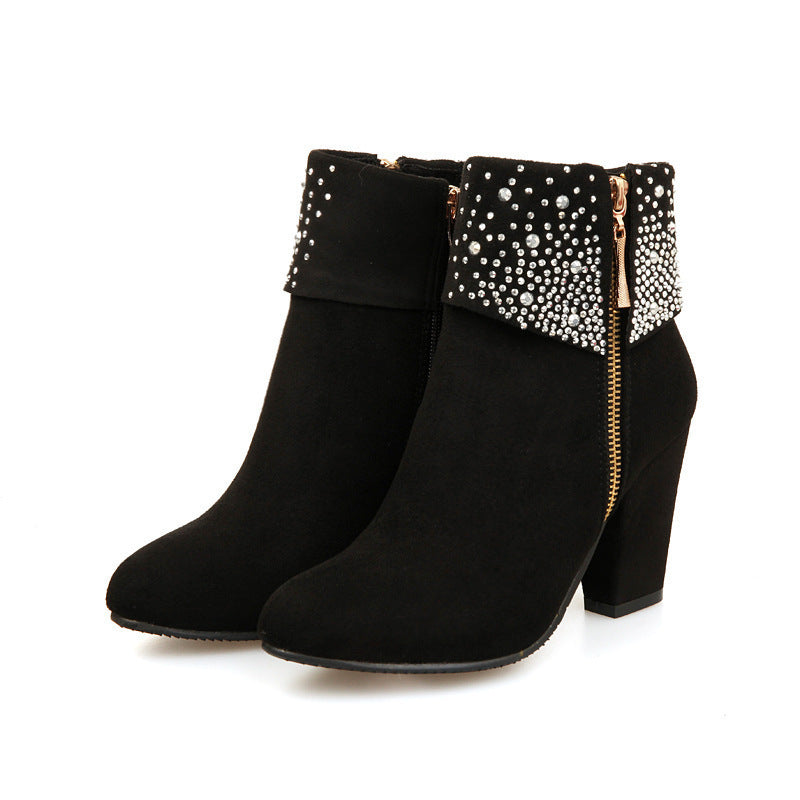 Women's Rhinestone Nubuck Short Heel Boots - Sparkly Ankle Fashion Boots