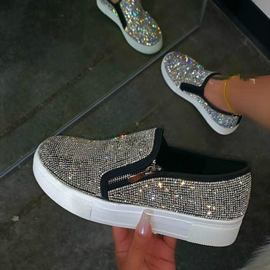 Women's Rhinestone Flat Shoes - Casual Slip-On Loafers