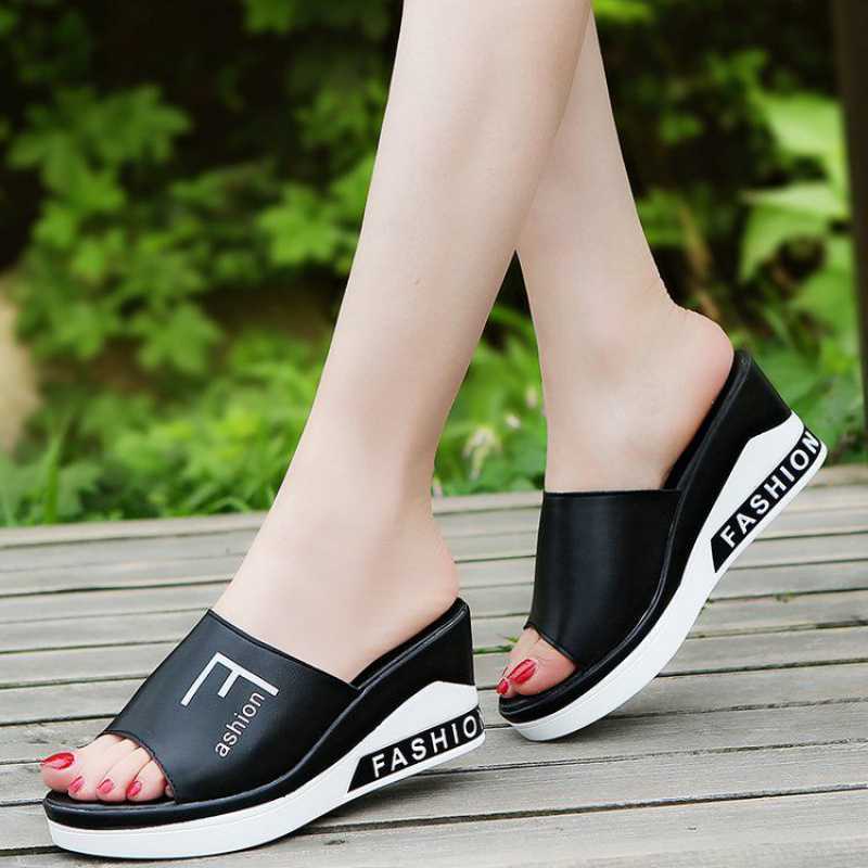 Wedge Heel Mid-Heel Slippers - Women's Comfortable Casual Slip-On Shoes