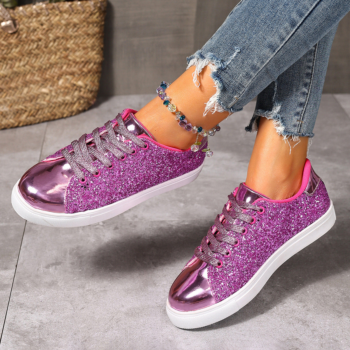 Women's Plus Size Sequined Sneakers - Lace-Up Board Shoes