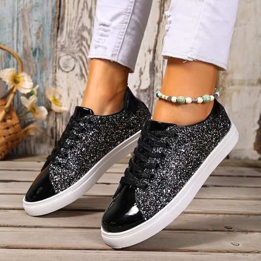 Women's Plus Size Sequined Sneakers - Lace-Up Board Shoes