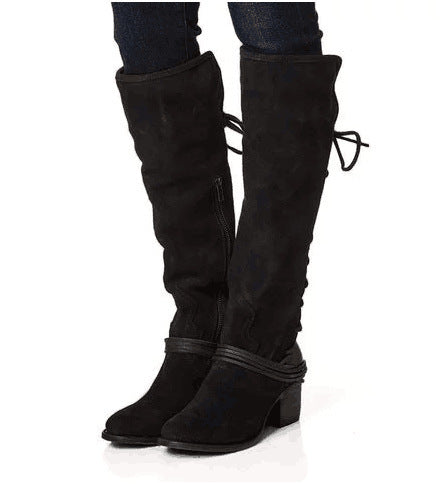 Women's Chunky Heel Knight Boots - Back Lace-Up Tall Fashion Boots