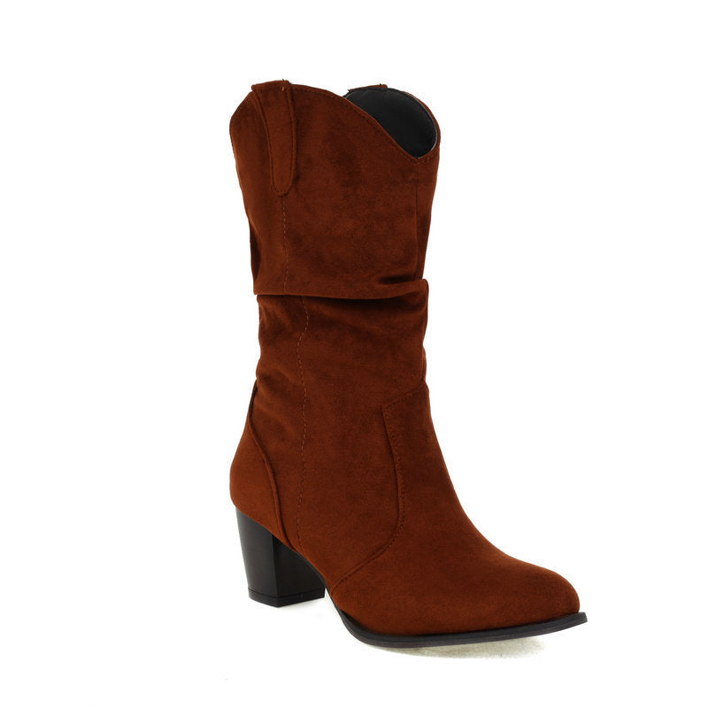 Women's Chunky Heel Mid-Calf Boots - Frosted High Heel Fashion Boots