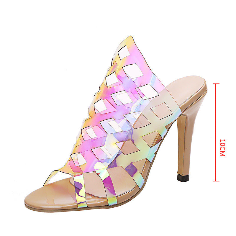 Women's Transparent PVC Crystal Sandals - Thick Heel Hollow Design Shoes