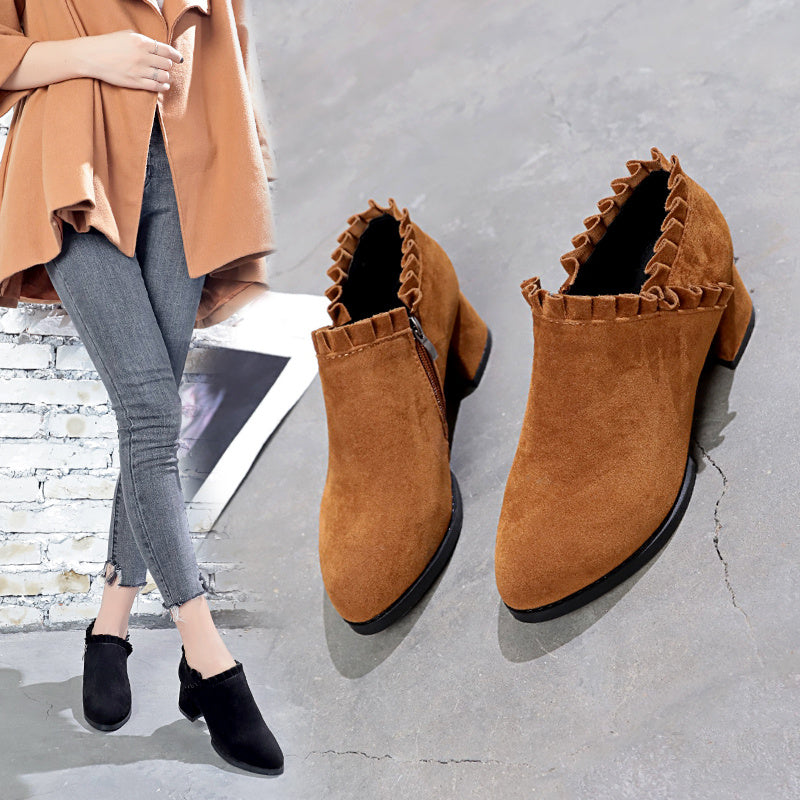 British Style Frosted Martin Boots - Women's Pointed Toe Thick Heel Ankle Boots