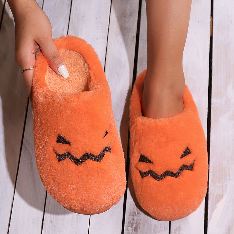 Halloween Pumpkin Slippers - Warm Plush Indoor House Shoes