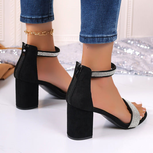 Women's Rhinestone High Heel Sandals - Chunky Square Heel Strappy Shoes