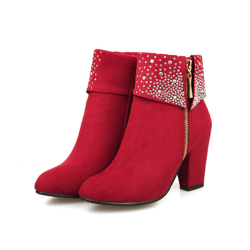 Women's Rhinestone Nubuck Short Heel Boots - Sparkly Ankle Fashion Boots