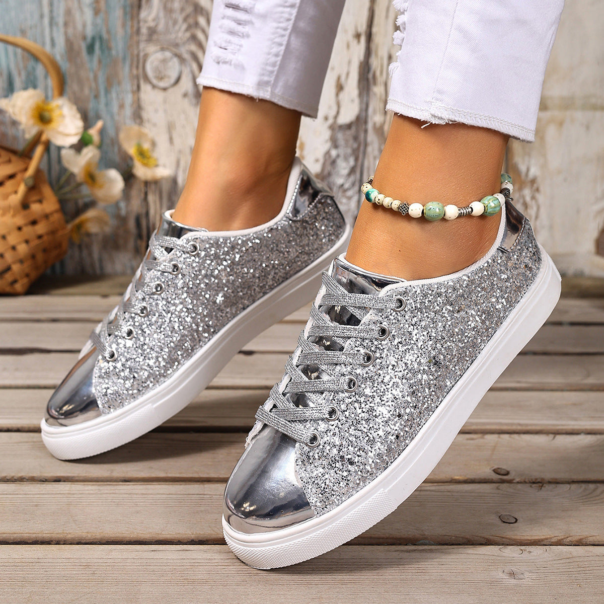 Women's Plus Size Sequined Sneakers - Lace-Up Board Shoes