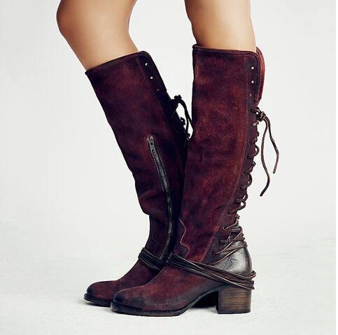 Women's Chunky Heel Knight Boots - Back Lace-Up Tall Fashion Boots