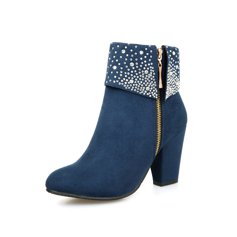 Women's Rhinestone Nubuck Short Heel Boots - Sparkly Ankle Fashion Boots