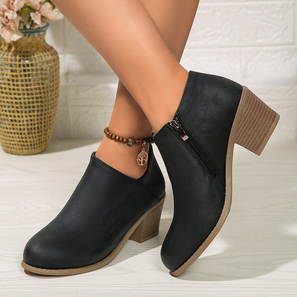 Women's Chunky Heel Ankle Boots - Side Zipper Fashion Boots