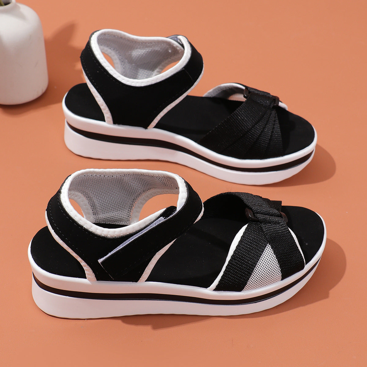 Women's Mesh Cross-Strap Sandals - Velcro Thick Sole Beach Flats
