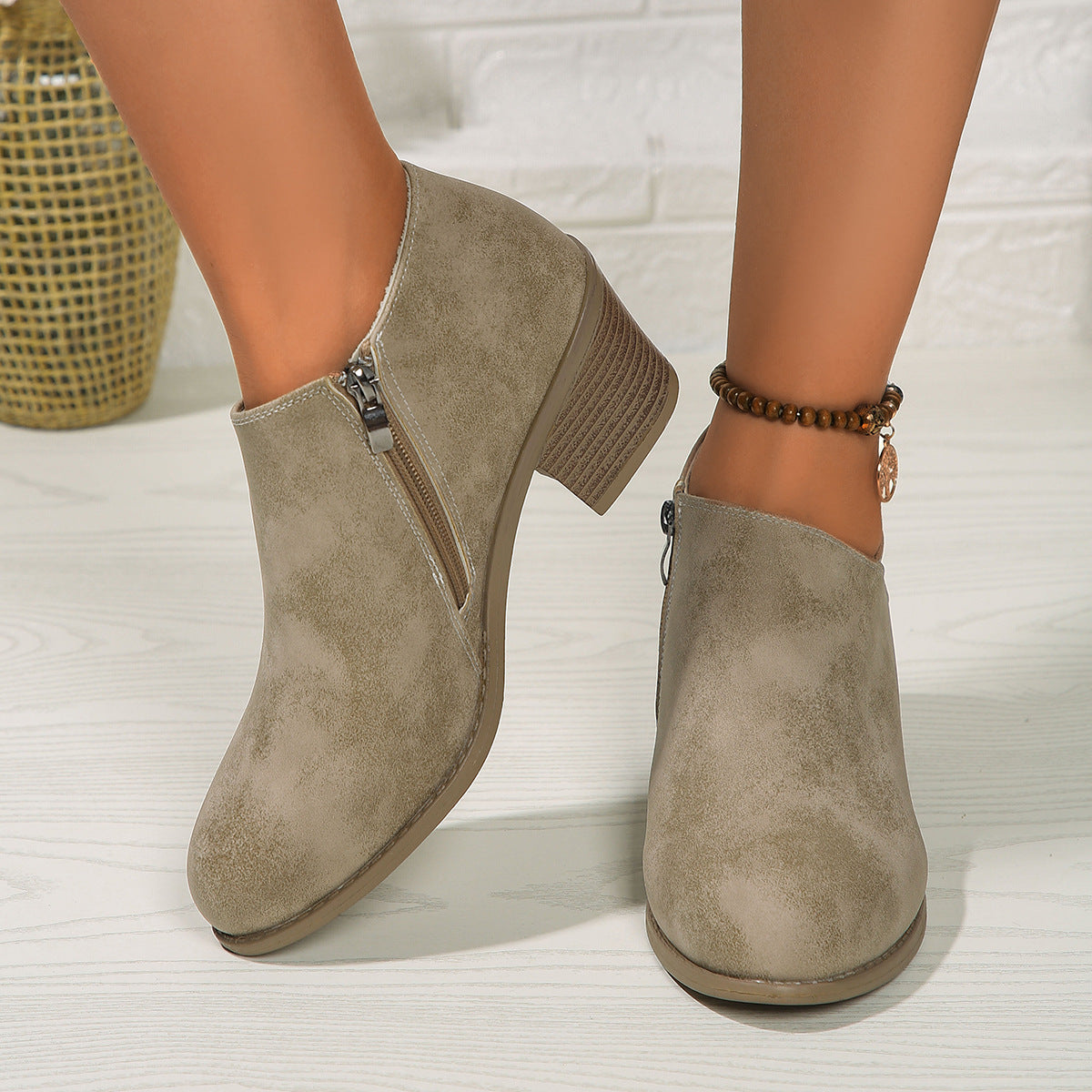 Women's Chunky Heel Ankle Boots - Side Zipper Fashion Boots