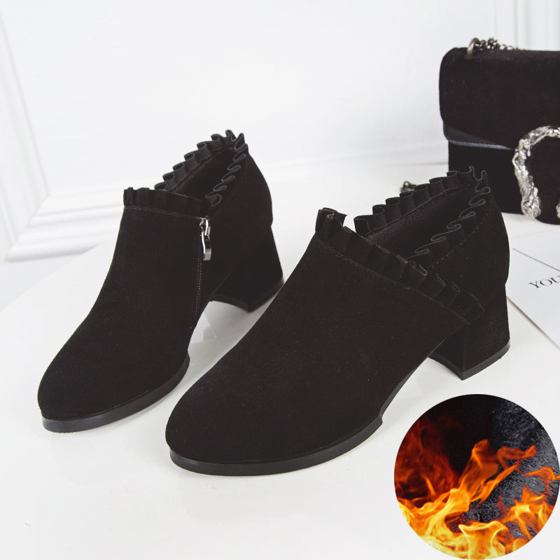 British Style Frosted Martin Boots - Women's Pointed Toe Thick Heel Ankle Boots