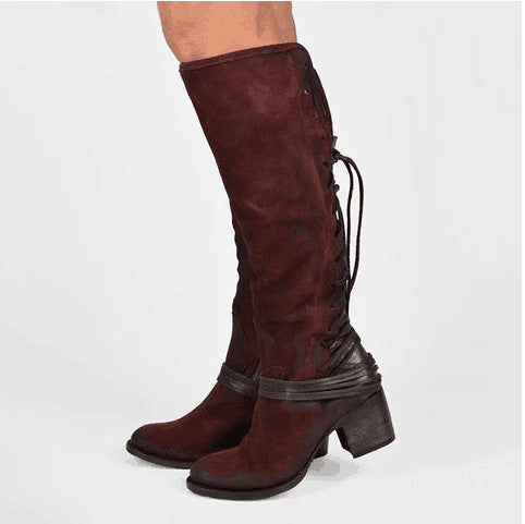 Women's Chunky Heel Knight Boots - Back Lace-Up Tall Fashion Boots