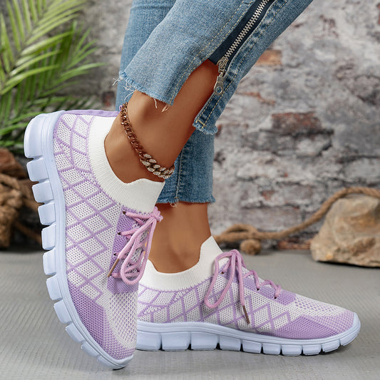 Women's Colorblock Plaid Flyknit Sneakers - Fashion Walking Shoes