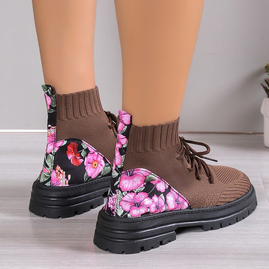 Women's Floral Sock Boots - Breathable Knitted Mesh High-Top Ankle Boots