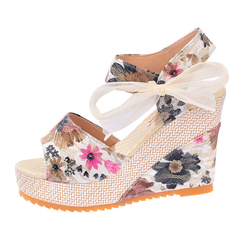 Lace-Up Wedge Heel Sandals - Women's High Heel Strappy Summer Shoes