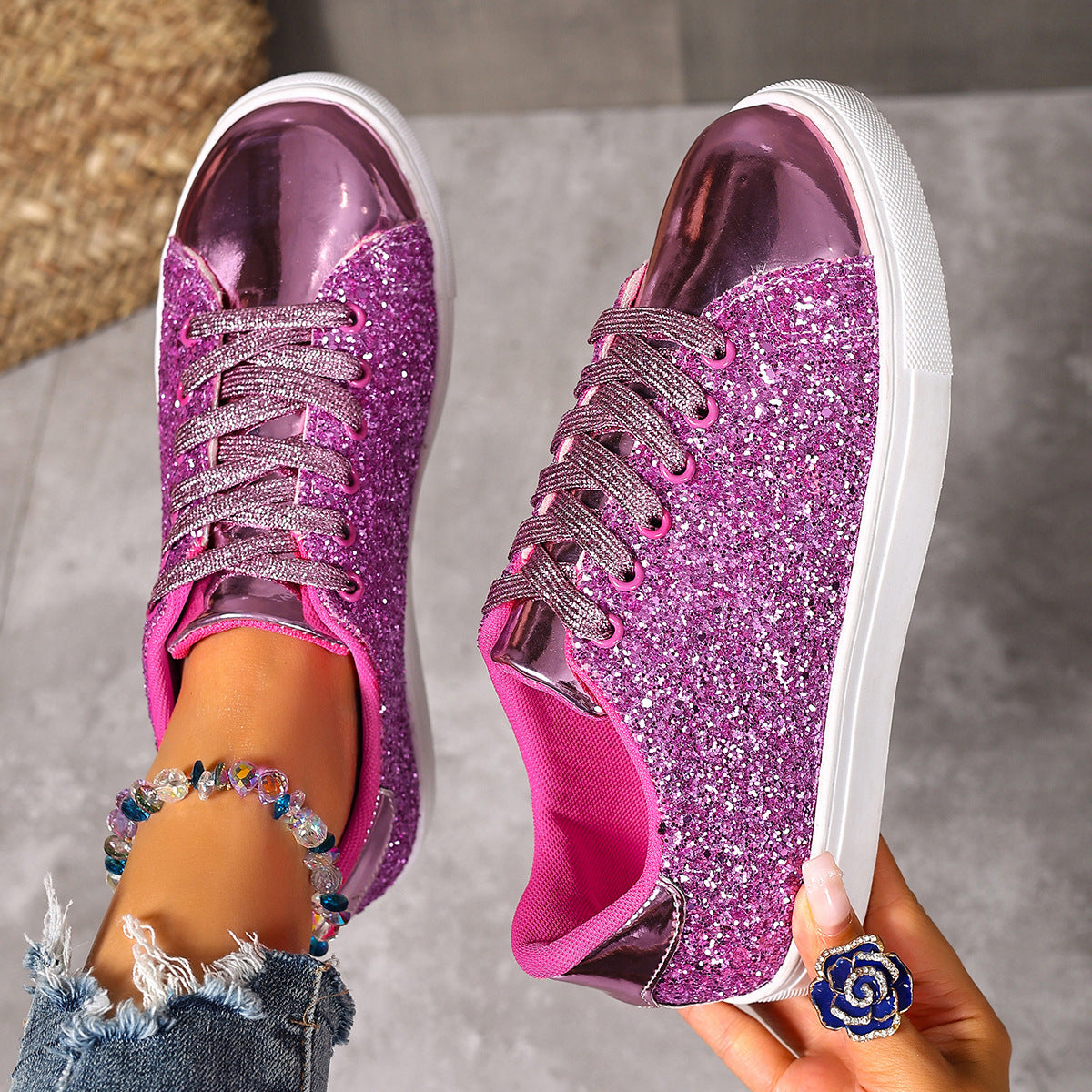 Women's Plus Size Sequined Sneakers - Lace-Up Board Shoes