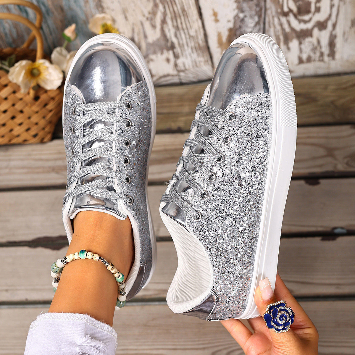 Women's Plus Size Sequined Sneakers - Lace-Up Board Shoes