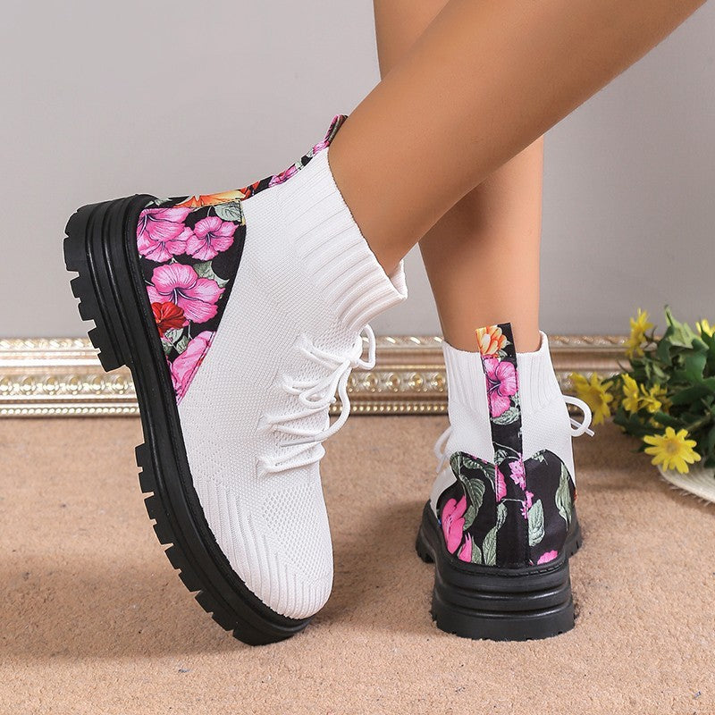 Women's Floral Sock Boots - Breathable Knitted Mesh High-Top Ankle Boots