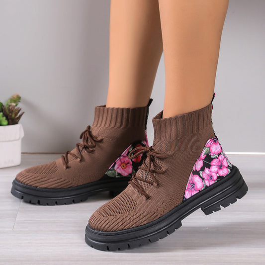 Women's Floral Sock Boots - Breathable Knitted Mesh High-Top Ankle Boots