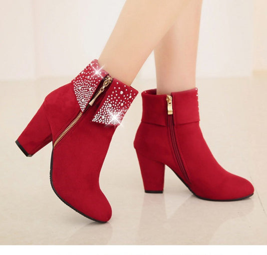 Women's Rhinestone Nubuck Short Heel Boots - Sparkly Ankle Fashion Boots