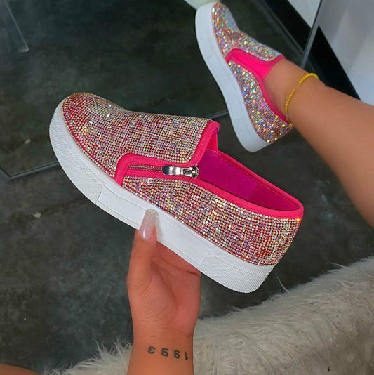 Women's Rhinestone Flat Shoes - Casual Slip-On Loafers