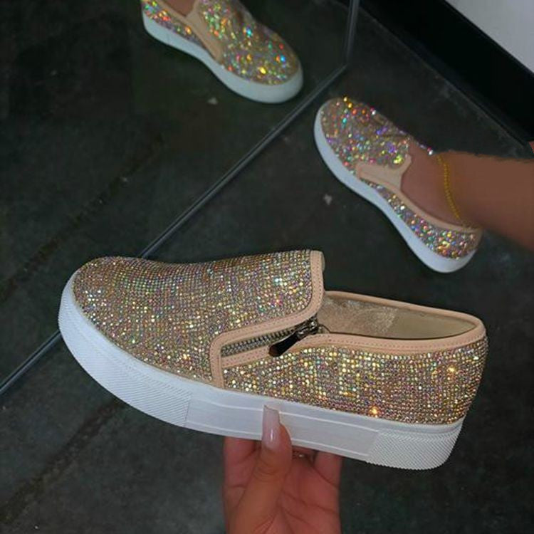 Women's Rhinestone Flat Shoes - Casual Slip-On Loafers