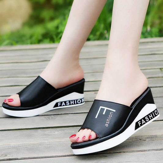 Wedge Heel Mid-Heel Slippers - Women's Comfortable Casual Slip-On Shoes