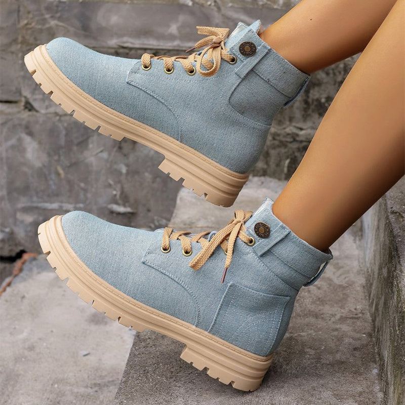 Women's Lace-Up Denim Ankle Boots - Fashion Platform Cowboy Boots
