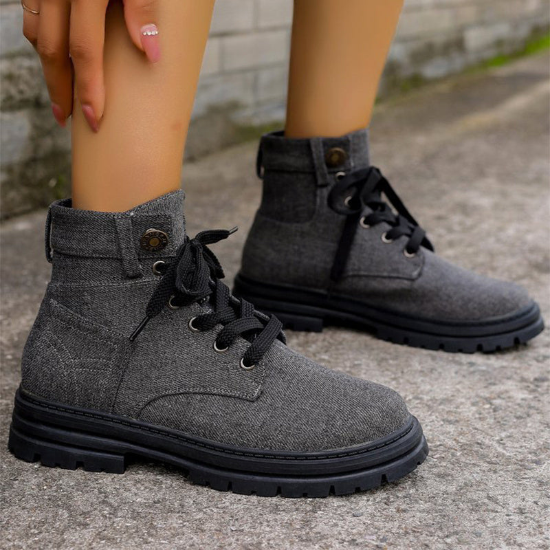 Women's Lace-Up Denim Ankle Boots - Fashion Platform Cowboy Boots