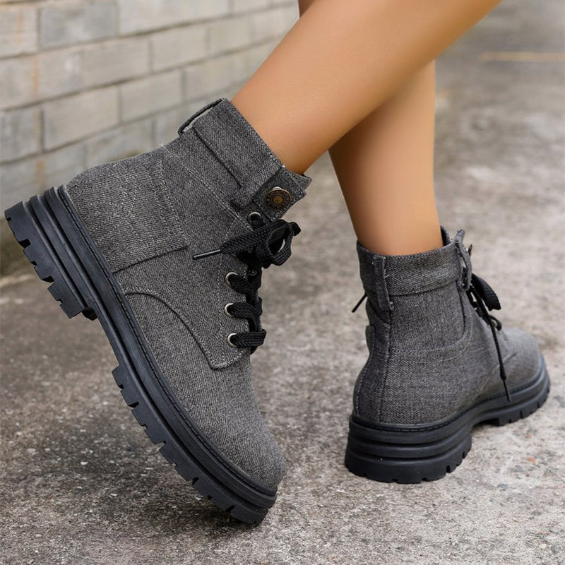 Women's Lace-Up Denim Ankle Boots - Fashion Platform Cowboy Boots