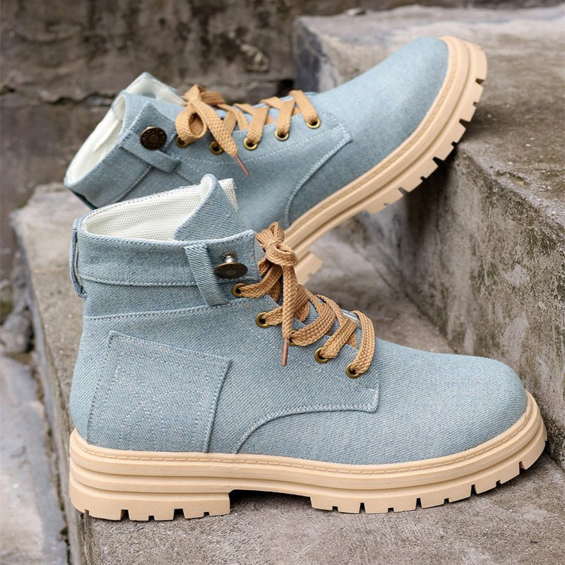Women's Lace-Up Denim Ankle Boots - Fashion Platform Cowboy Boots