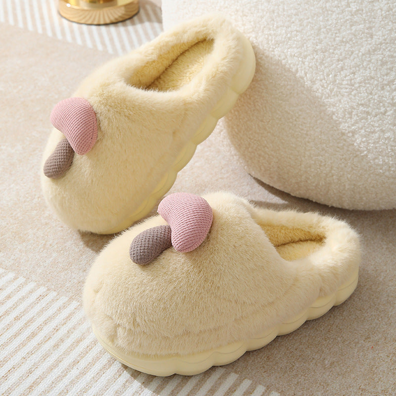 Women's Cute Mushroom Cotton Slippers - Thick-Soled Plush Winter House Shoes