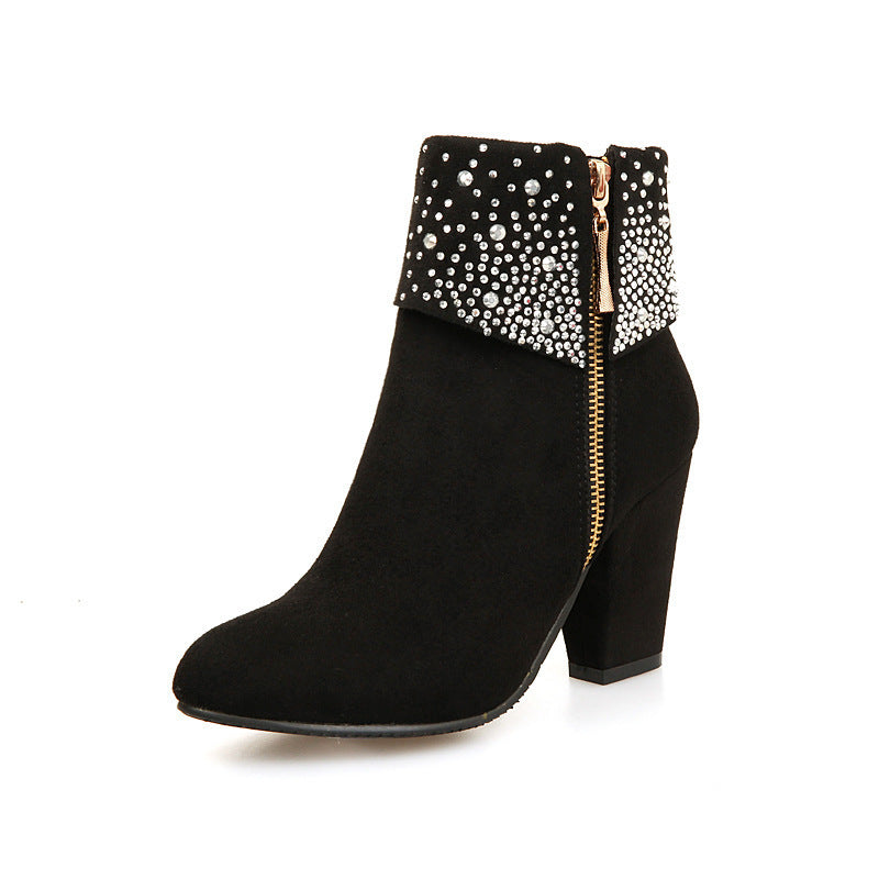 Women's Rhinestone Nubuck Short Heel Boots - Sparkly Ankle Fashion Boots