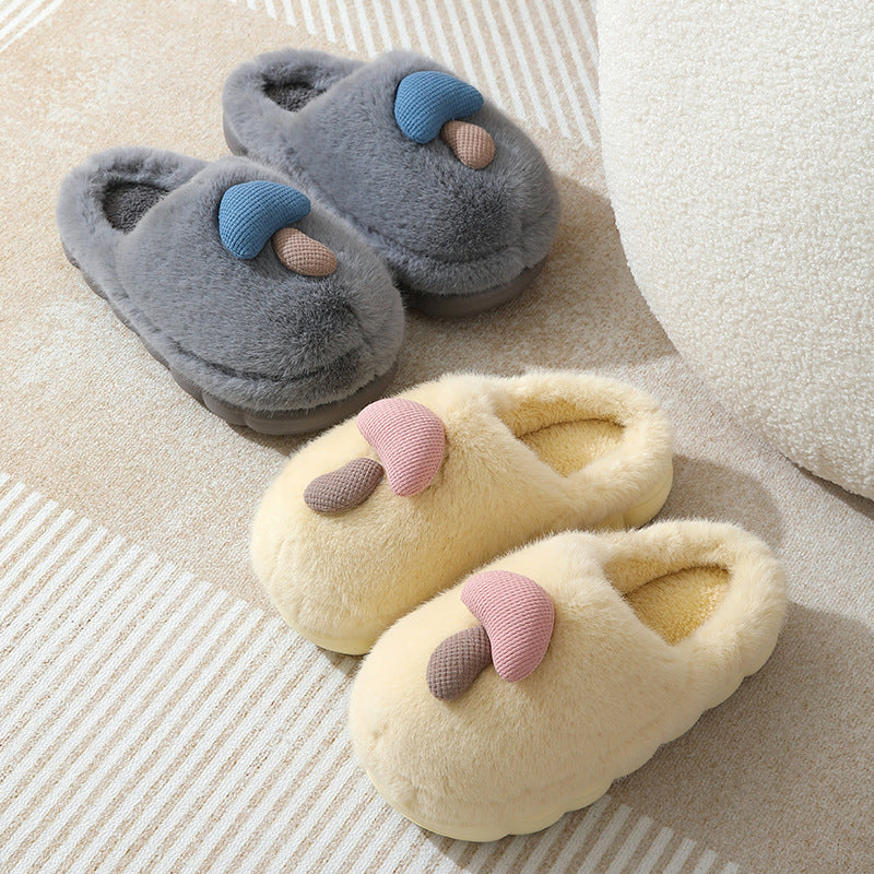 Women's Cute Mushroom Cotton Slippers - Thick-Soled Plush Winter House Shoes