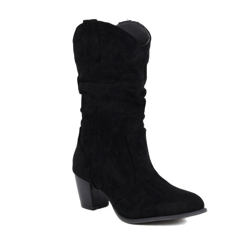 Women's Chunky Heel Mid-Calf Boots - Frosted High Heel Fashion Boots