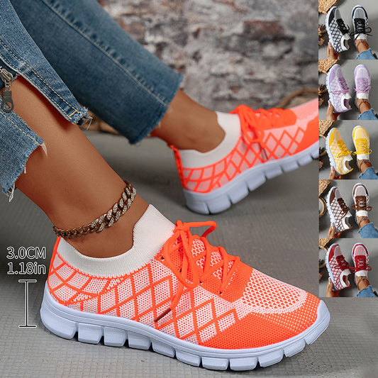 Women's Colorblock Plaid Flyknit Sneakers - Fashion Walking Shoes