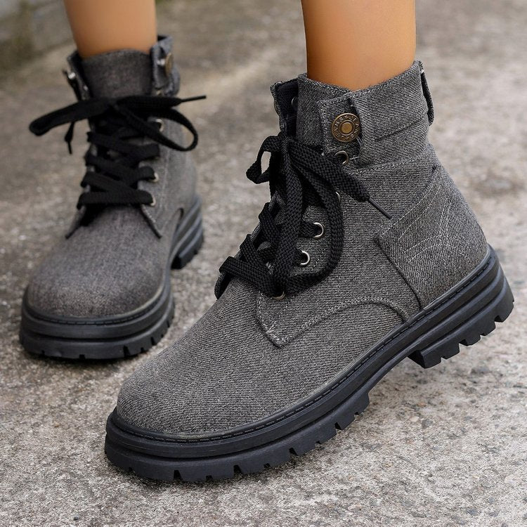 Women's Lace-Up Denim Ankle Boots - Fashion Platform Cowboy Boots