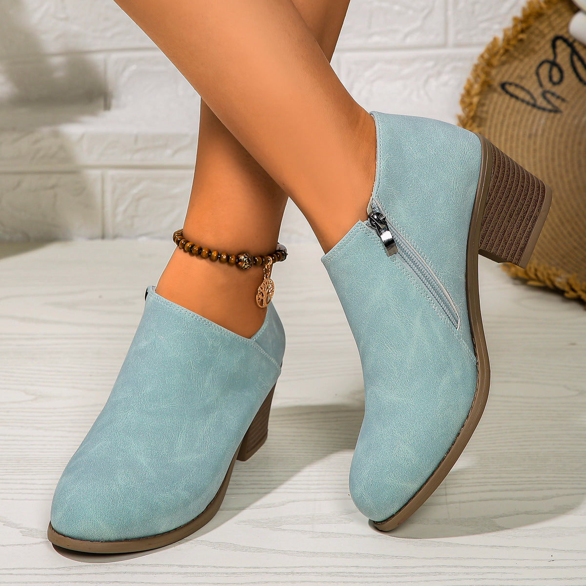 Women's Chunky Heel Ankle Boots - Side Zipper Fashion Boots