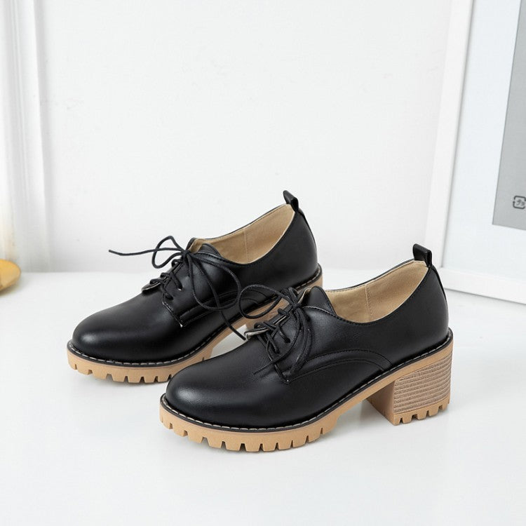 Women's Lace-Up Thick-Heel Leather Shoes - Student Single Shoes for Spring & Autumn
