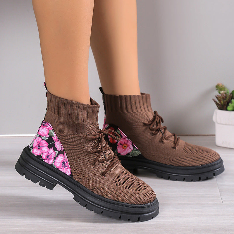 Women's Floral Sock Boots - Breathable Knitted Mesh High-Top Ankle Boots